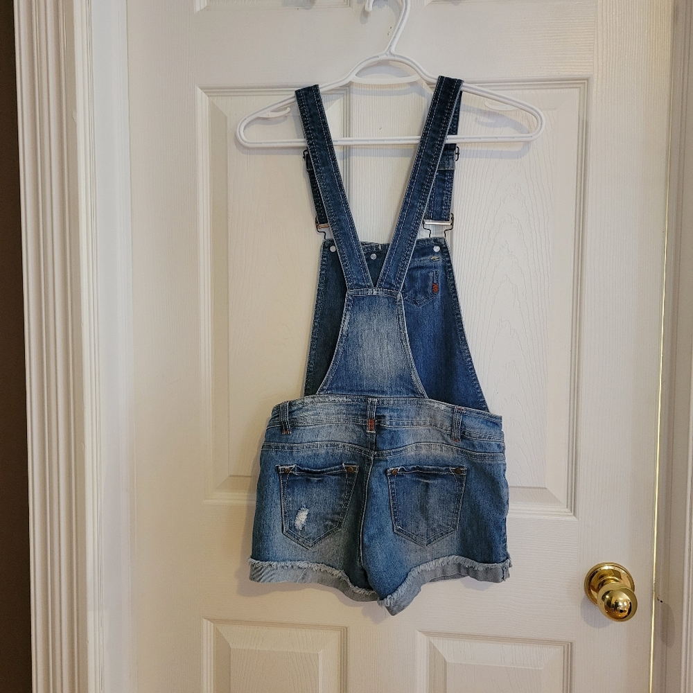Medium wash denim blue distressed overall romper shortalls overalls Dollhouse XS - Picture 7 of 11